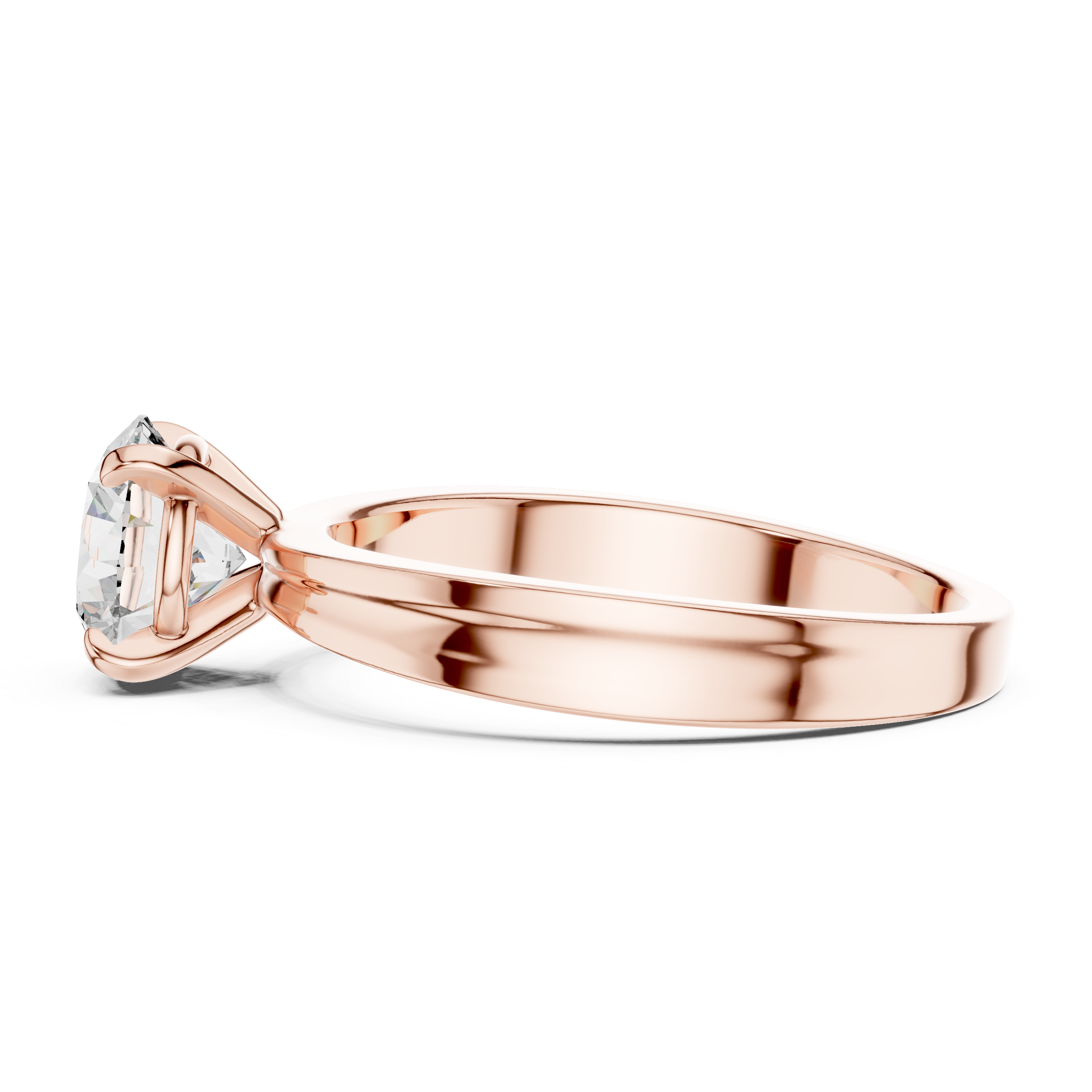 Rose gold ring with a diamond on a white background